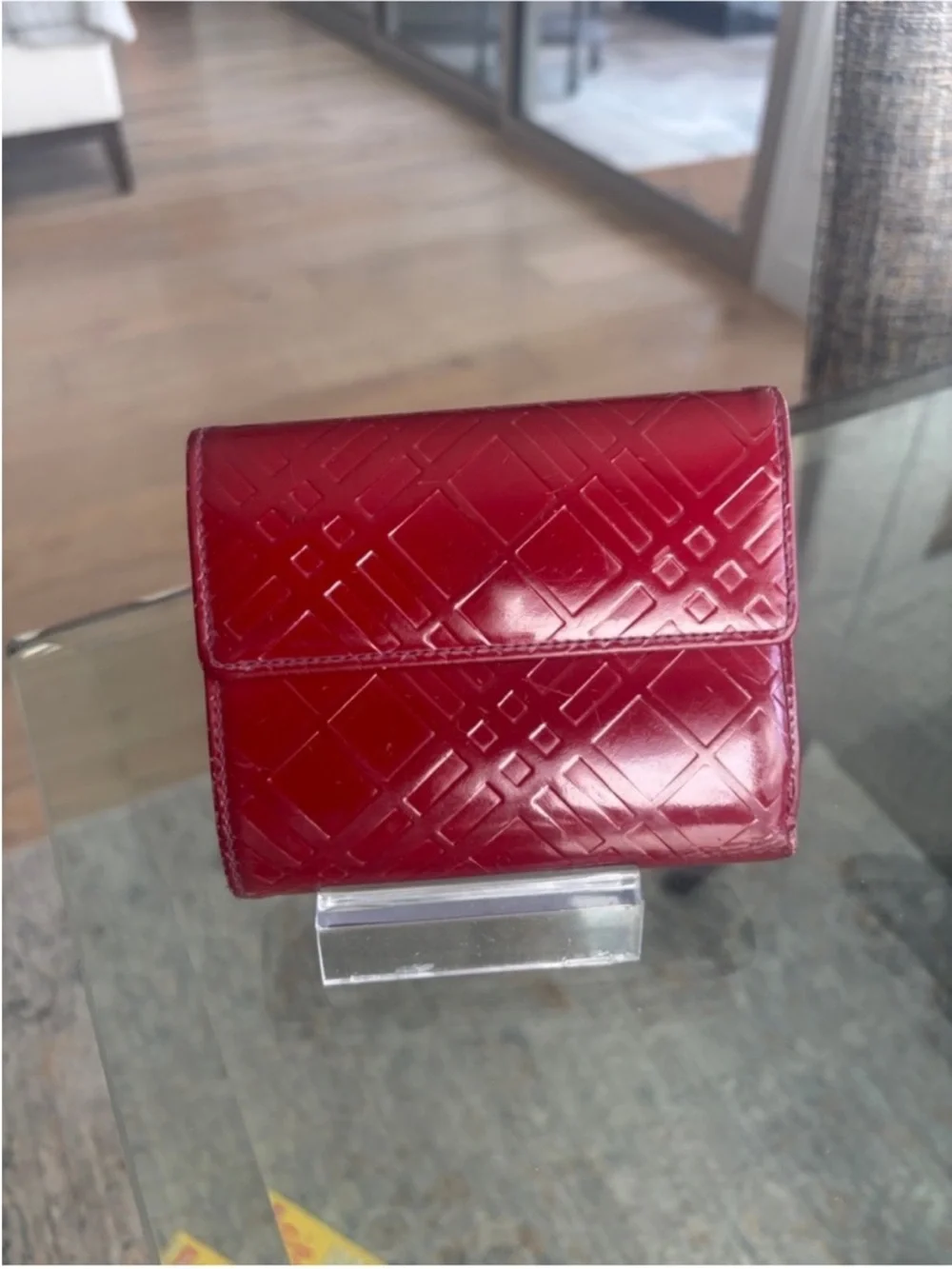 Burberry Red Embossed Leather Compact Wallet